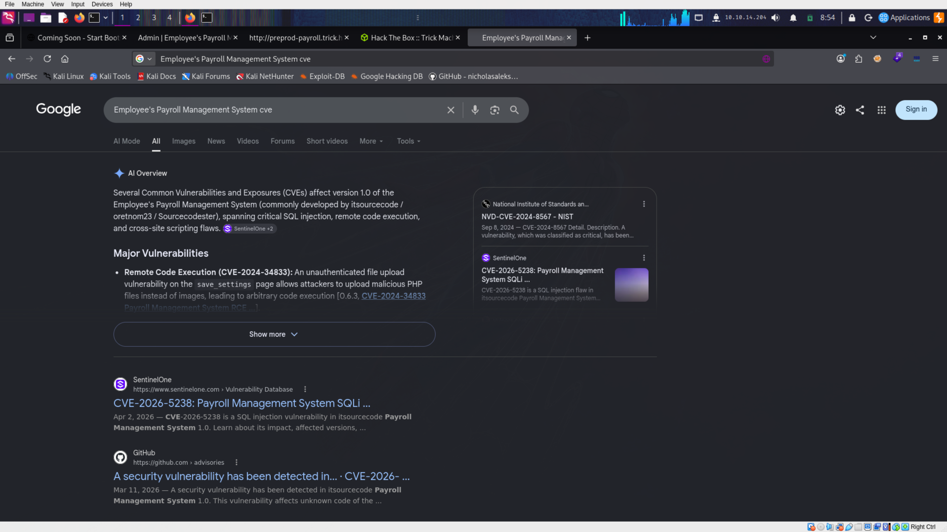 Google result — Payroll Management System SQLi